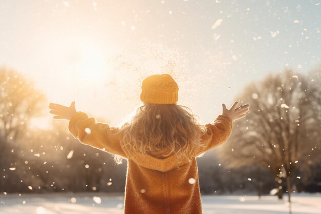 Hermosa mujer asiática disfruta de las nevadas en el concepto de estilo de vida del parque