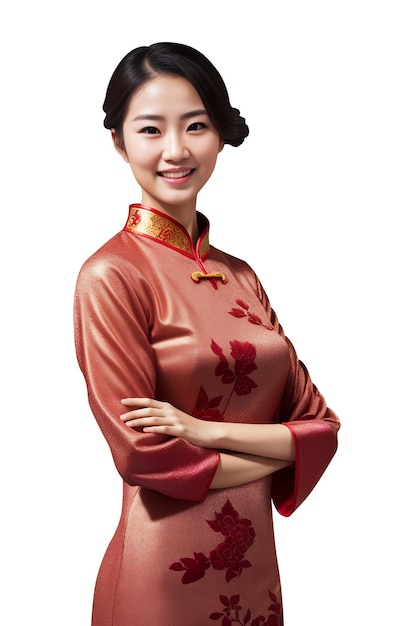 Una hermosa mujer asiática feliz con un vestido tradicional de cheongsam