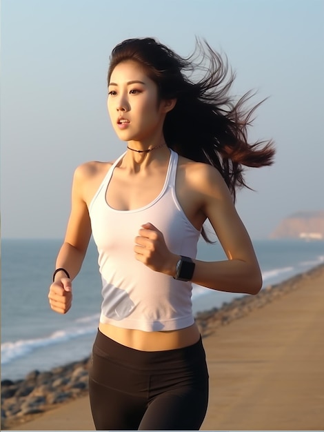 Hermosa mujer asiática haciendo ejercicio al aire libre en la playa del océano por la mañana viviendo saludablemente