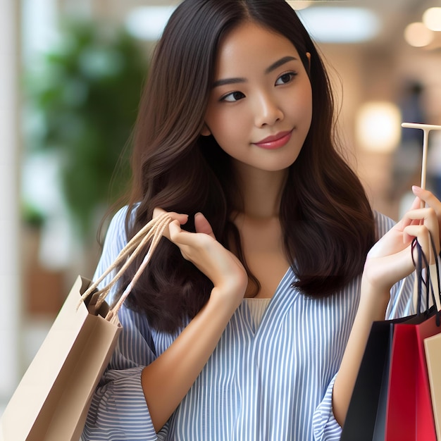 Foto hermosa mujer asiática haciendo una elección en las compras