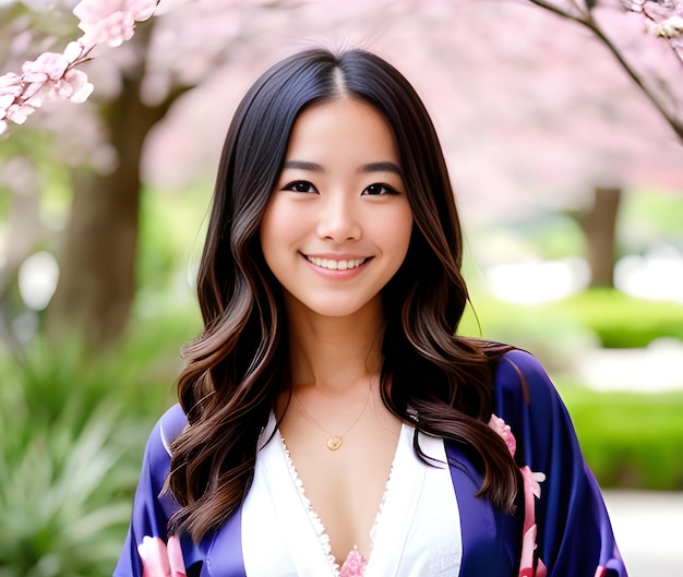 Una hermosa mujer asiática con kimono en el jardín de Sakura