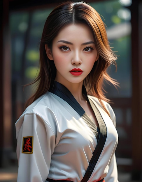Hermosa mujer asiática en kimono con labios rojos