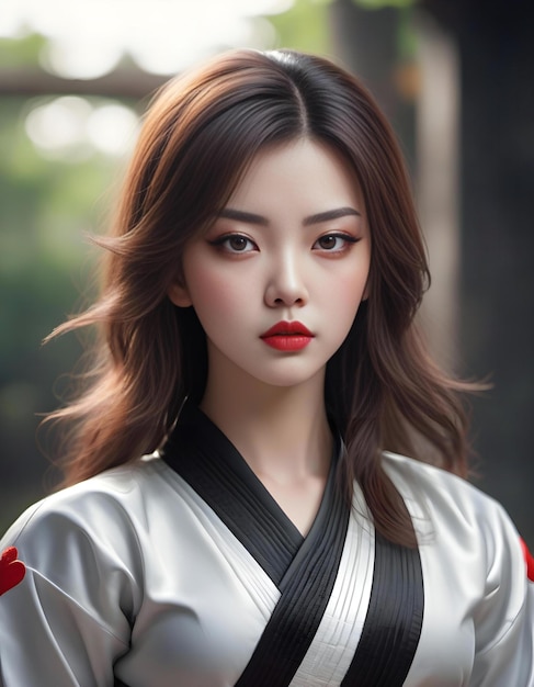 Foto hermosa mujer asiática en kimono con labios rojos