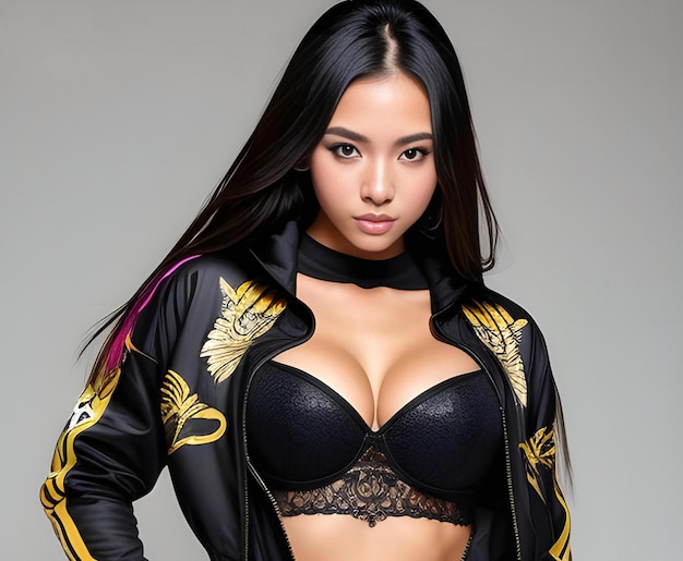 Hermosa mujer asiática con lencería negra y chaqueta de cuero