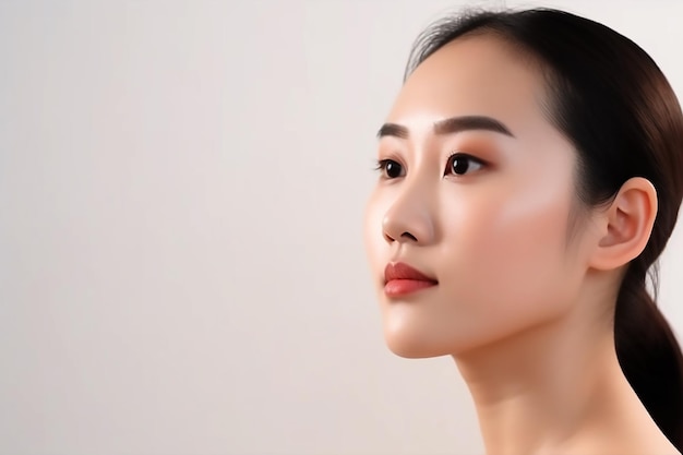 Hermosa mujer asiática con maquillaje en la cara sobre fondo blanco.