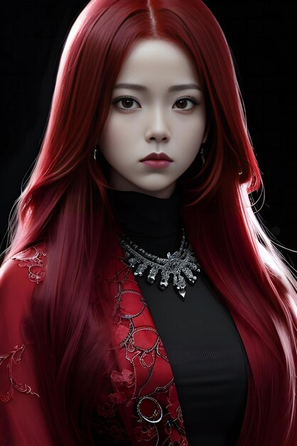 Hermosa mujer asiática con pelo rojo y joyas sobre fondo negro