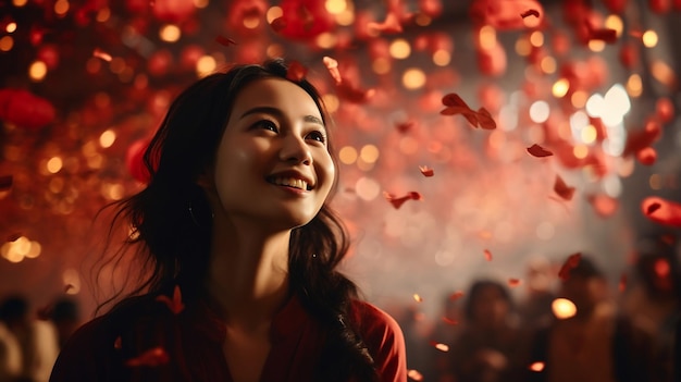 Hermosa mujer asiática con pétalos de rosas rojas en la noche