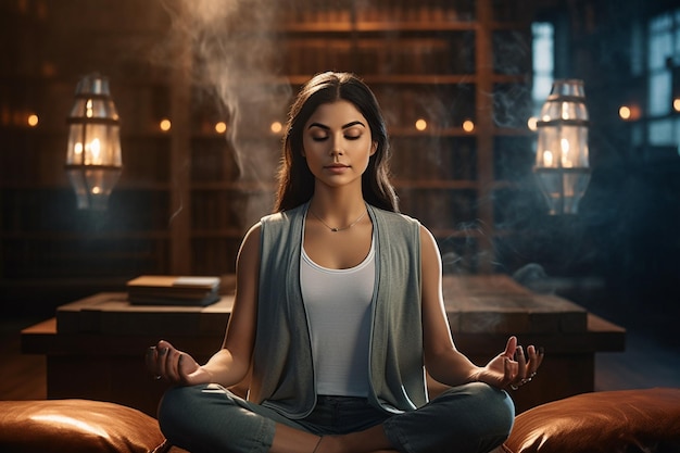 Una hermosa mujer asiática practicando yoga