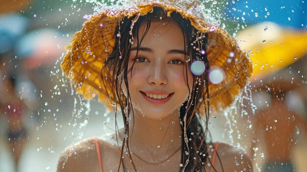 Foto una hermosa mujer asiática salpicando agua en la tradicional celebración tailandesa de songkran