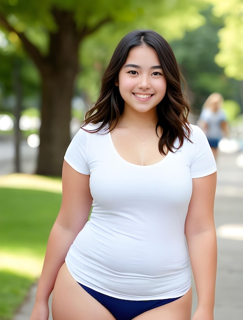 Hermosa mujer asiática con sobrepeso en el parque en un día de verano