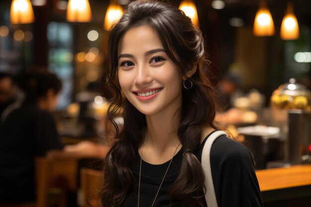hermosa mujer asiática sonriendo a la cámara en un restaurante