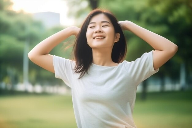 Hermosa mujer asiática sonriendo en el parque con espacio para copiar