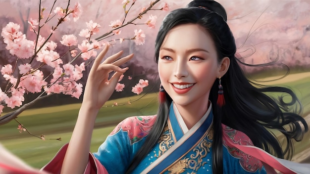 Una hermosa mujer asiática sonriente mirando a un lado