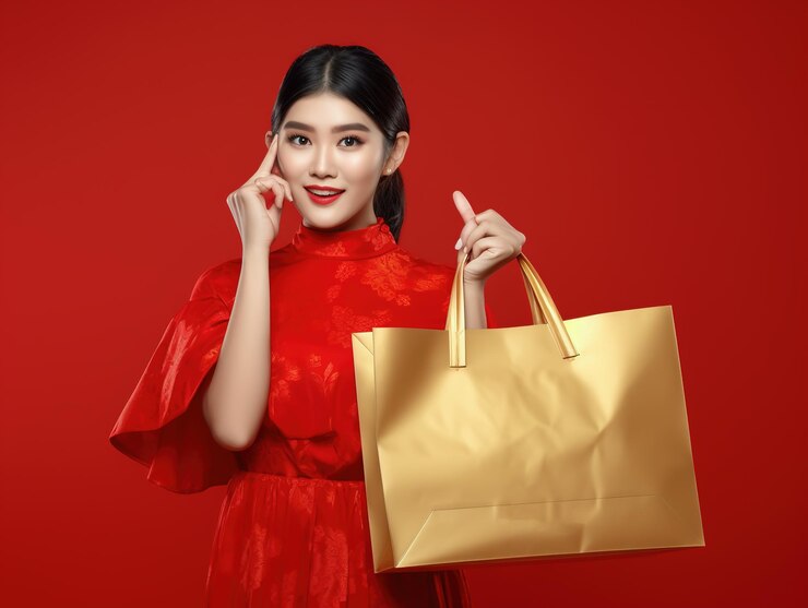 Una hermosa mujer asiática sonriente sosteniendo bolsas de compras espacio de copia aislado sobre fondo rojo