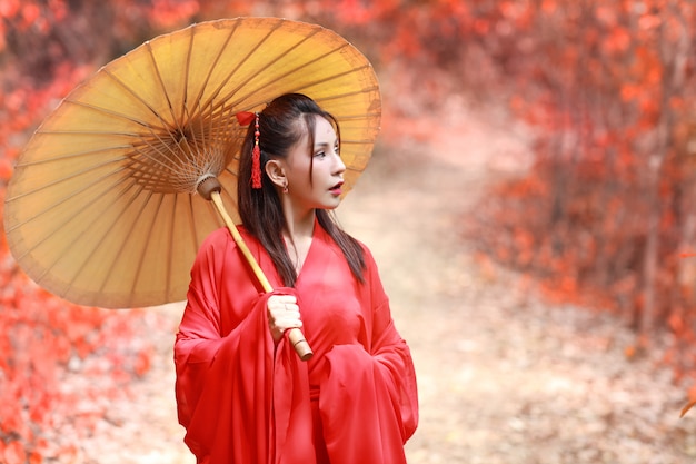 Hermosa mujer asiática en traje chino rojo con paraguas antiguo en la naturaleza árbol rojo con pacífica