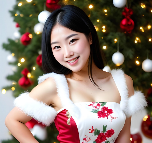 Hermosa mujer asiática vestida de santa claus sobre fondo de navidad