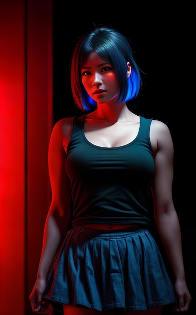Hermosa mujer asiática en vestido superior con luz azul y roja de color mixto AI generativa