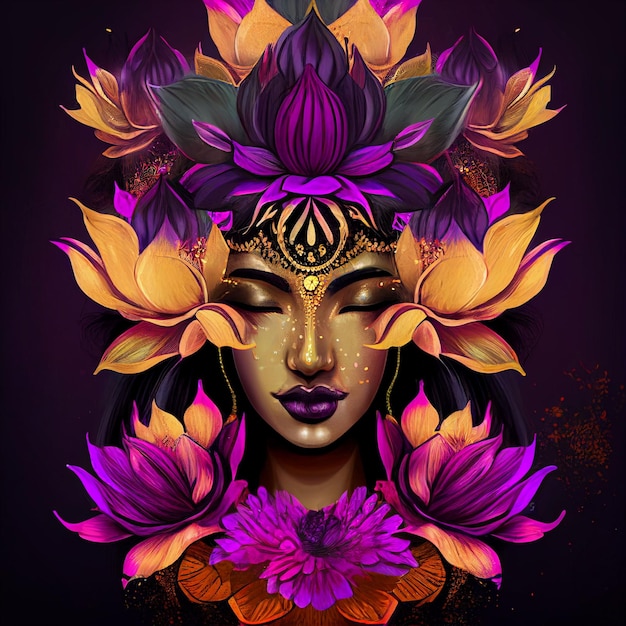 Hermosa mujer asiática Violeta Golden Lotus flor Meditación Arte digital AI