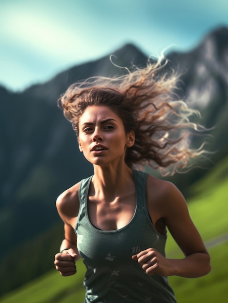 Una hermosa mujer atlética corre en una zona montañosa.