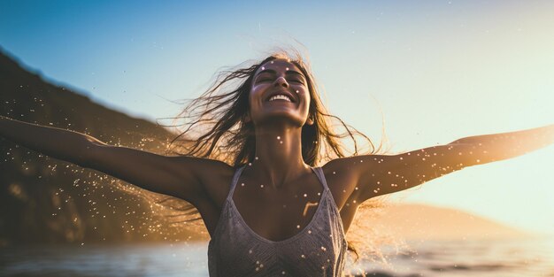 Foto una hermosa mujer baila con gracia en la playa junto al mar en un día de verano, sus movimientos fluidos y sin esfuerzo encarnan la esencia de la alegría y la libertad ia generativa