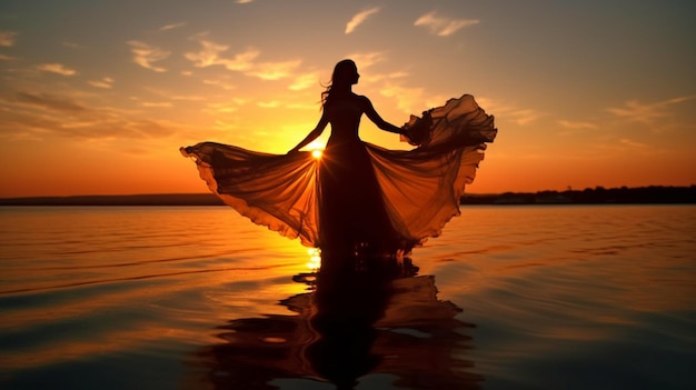 Foto una hermosa mujer bailando en el mar y silueta al atardecer la ia generativa