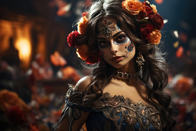 Foto hermosa mujer bailando mexicana para el día de los muertos perfecto hermoso dia de muertos fondo