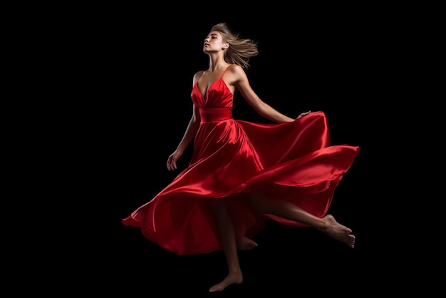 Hermosa mujer bailando en vestido de fiesta rojo fondo oscuro