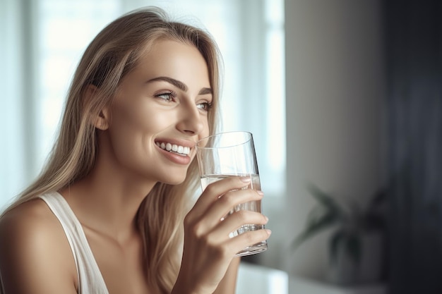 Una hermosa mujer bebiendo un vaso de agua creado con ai generativo