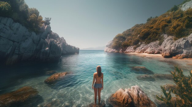 Hermosa mujer en bikini en la playa Panoramic bannergenerative ai