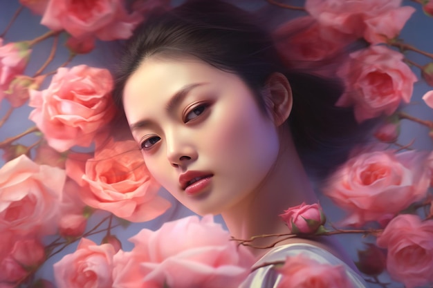 hermosa mujer bruneta asiática en un vestido rodeada de grandes flores rosadas retrato de mujer asiática