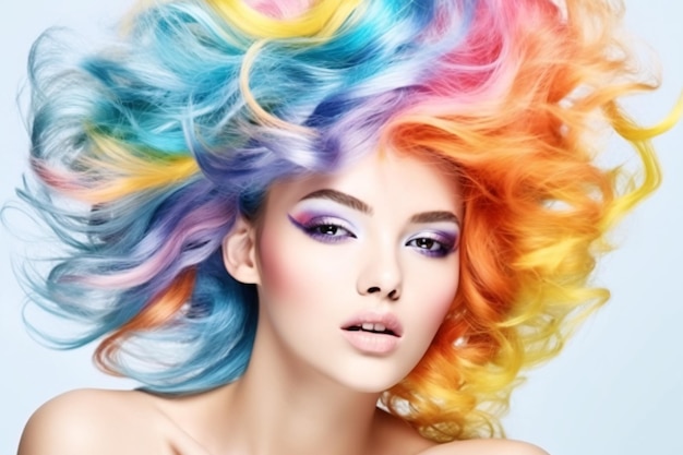 Hermosa mujer con cabello arcoíris multicolor y maquillaje y peinado creativo Cara de belleza Generativa Ai