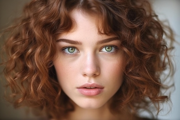 Hermosa mujer de cabello castaño con peinado corto elegante con cabello rizado Ai generativo