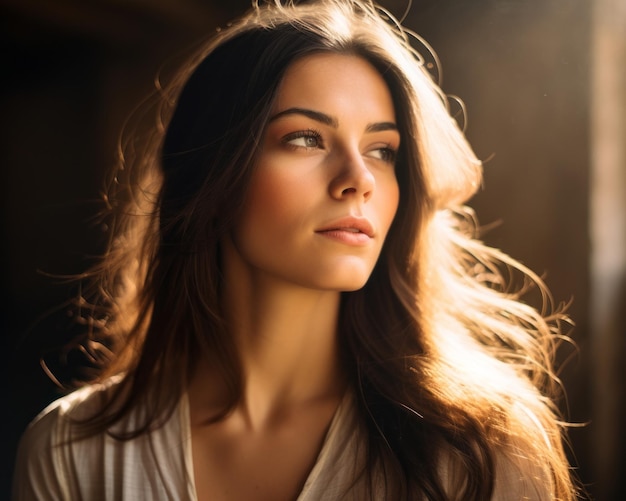 hermosa mujer con cabello largo a la luz del sol