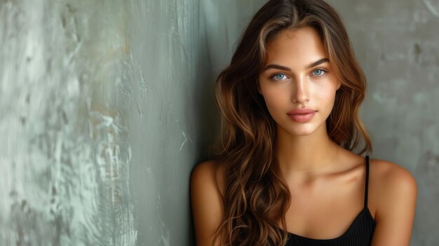 Una hermosa mujer con el cabello largo y marrón apoyándose en una pared