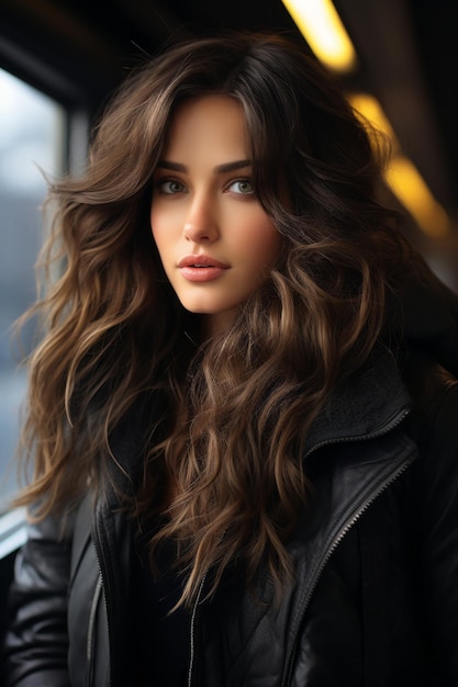 Hermosa mujer con cabello largo y ondulado en un tren.