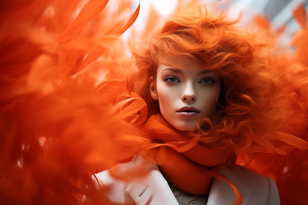 una hermosa mujer con cabello naranja y plumas