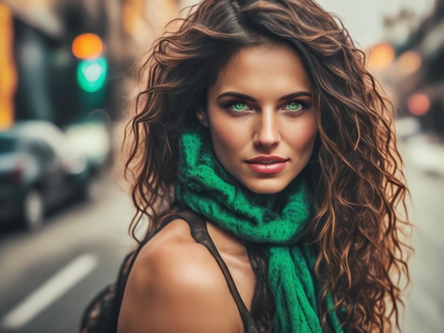 Hermosa mujer con cabello negro y ojos azules.