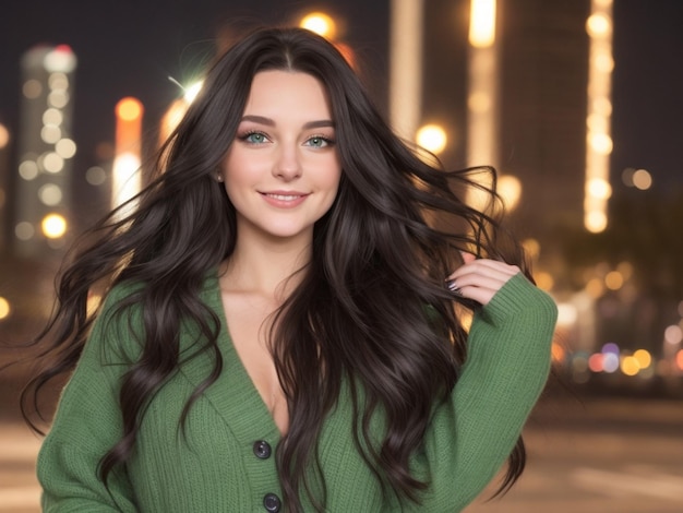 Hermosa mujer con cabello negro y ojos azules.