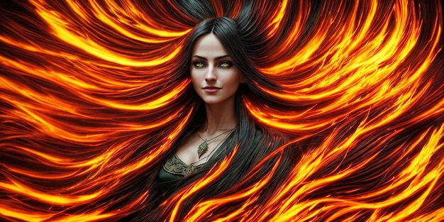 Hermosa mujer con cabello negro volador en llamas y ojos verdes brillantes en un rico vestido sobre un fondo oscuro IA generativa