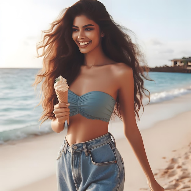 Una hermosa mujer con el cabello ondulado camina por la playa en un día de verano riendo y sosteniendo un helado
