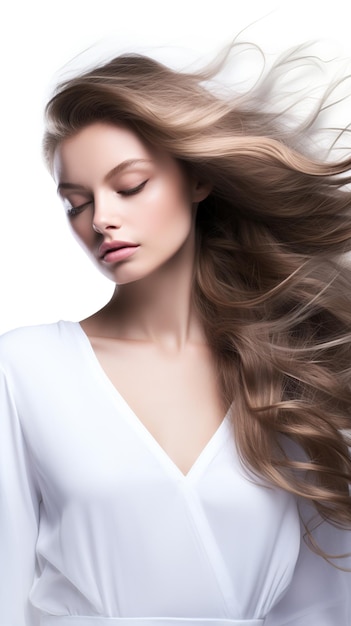 Una hermosa mujer con el cabello que fluye en el viento posando para un comercial de belleza