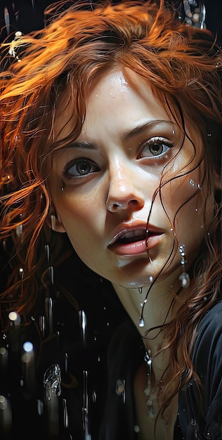 hermosa mujer de cabello rojo en una gota de agua