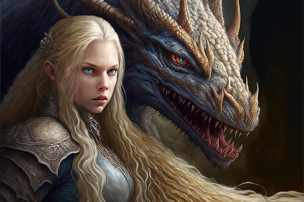 Hermosa mujer con cabello rubio y su mascota dragón criatura de fantasía Generative Ai Generative AI
