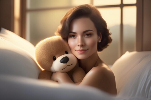 Una hermosa mujer en la cama con su osito de peluche iluminando desde la ventana Generative AI_9