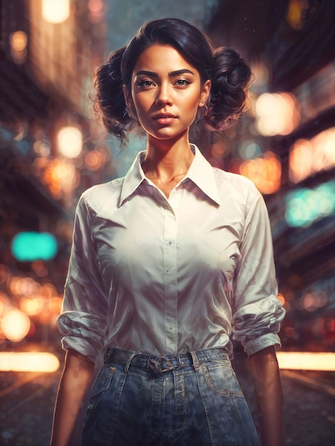 Hermosa mujer con camisa blanca en la calle de noche IA generativa