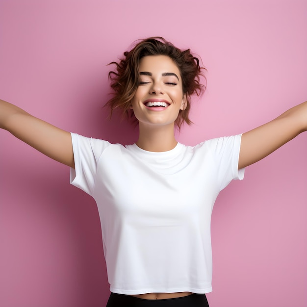 Hermosa mujer en camiseta mostrando sus manos libres sobre fondo rosa