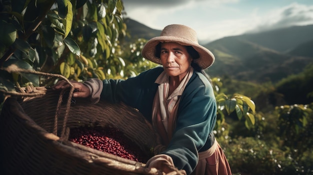 Hermosa mujer campesina en finca de café