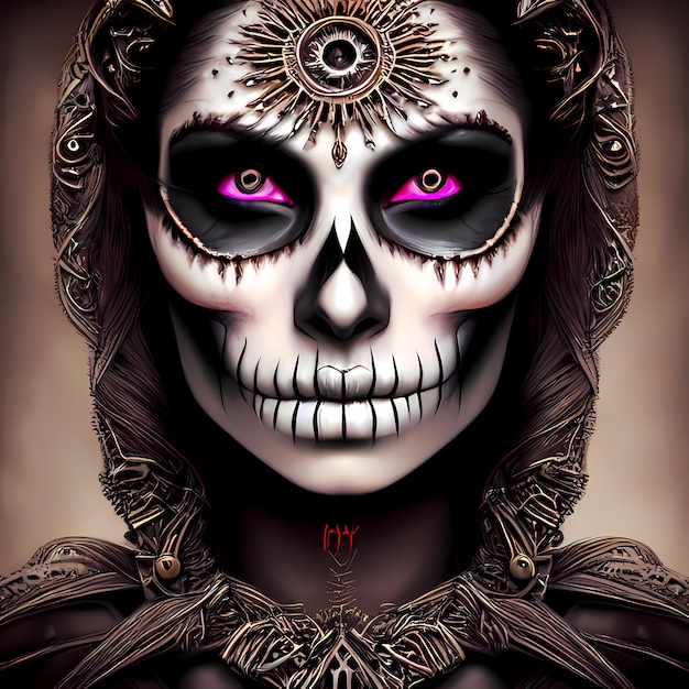 Hermosa mujer con cara de calavera de azúcar decorada para halloween