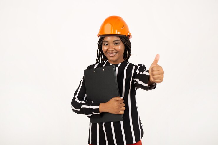 Hermosa mujer en casco de construcción con carpeta en pared blanca