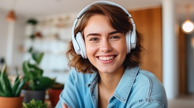 Hermosa mujer caucásica sonriendo en casa en concepto de estilo de vida de auriculares